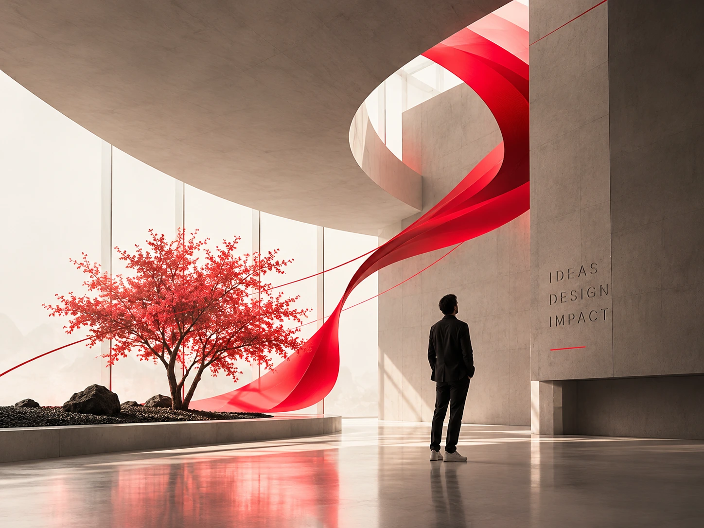 Figure in a sculpted concrete interior with a red line