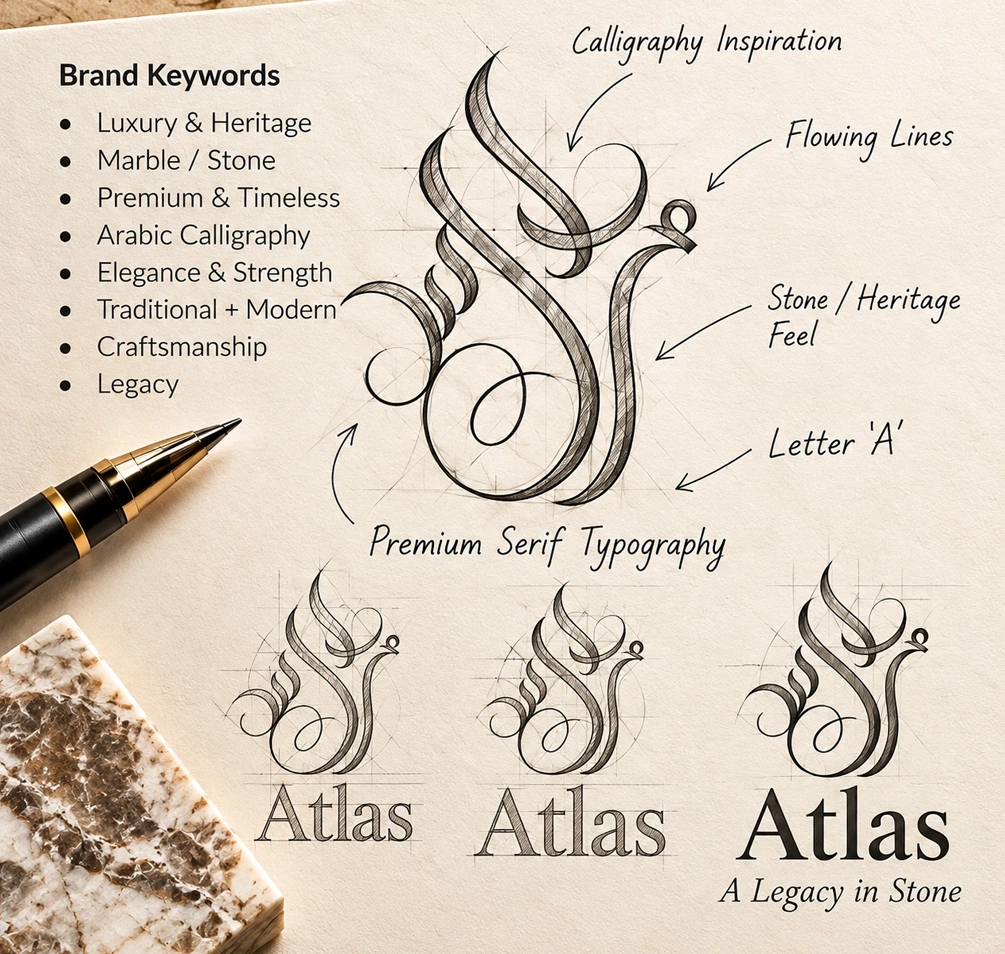 Atlas Marbles — Logo concept and identity sketch