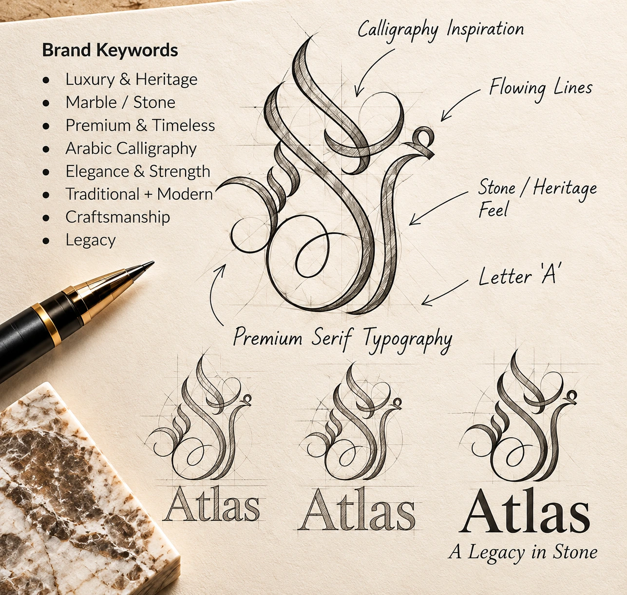 Atlas — Brand Keywords & Sketches — VEL Creative Studio